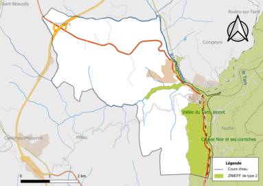 Carte de la ZNIEFF de type 2 de la commune.