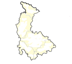 Mapa konturowa kraju ołomunieckiego, blisko centrum po lewej na dole znajduje się punkt z opisem „Loučka”