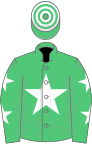 Emerald green, white star, white stars on sleeves, hooped cap