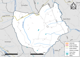 Carte en couleur présentant le réseau hydrographique de la commune