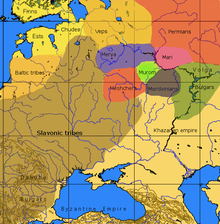 Carte ethnolinguistique approximative de la Russie kiévienne au 9ème siècle : cinq groupes finnois de la Volga des Mériens, Maris, Mouromiens, Mechtchériens et Mordves sont représentés comme entourés par les Slaves à l'ouest ; les trois groupes finlandais des Vespes, Ests et Tchoudes, et des Baltes indo-européens au nord-ouest ; les Permiens au nord-est, les Bulgares (turcs) et les Khazars au sud-est et au sud.