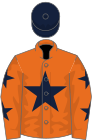 navy blue cap, Orange with 3 navy blue stars on sleeves and one large navy blue star on the front