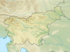 Mapa konturowa Słowenii, po lewej nieco na dole znajduje się punkt z opisem „Postojna”