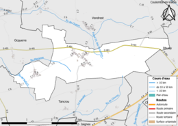 Carte en couleur présentant le réseau hydrographique de la commune