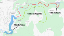 Plan des sites touristiques bordant la Durolle. Il est possible de différencier la vallée des Usines, le sentier de la Margeride et la vallée des Rouets.