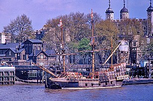 Golden Hinde moored by the Tower of London in 1974