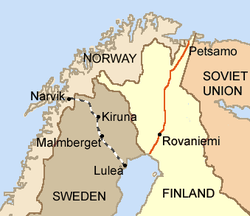 Drawing shows the Allies had two roads to Finland; through Petsamo or through Narvik, Norway.