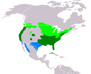 Reproduktejoj (helverde), vintrejoj (blue) kaj la tutan jaron (malhelverde).