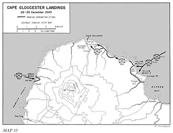 Black and white map with military symbols depicting a military operation to land forces on two sides of a peninsula and then advance along the eastern coast