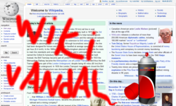 Screenshot of the main page with red graffiti reading "wiki vANdAL" superimposed over it along with a red spraypaint canister in the bottom-right