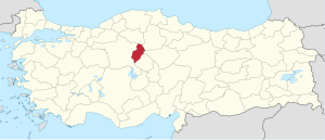 Kırıkkale highlighted in red on a beige political map of Turkeym