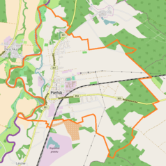 Mapa konturowa Pieńska, blisko centrum na lewo znajduje się punkt z opisem „Parafia św. Franciszka z Asyżu”