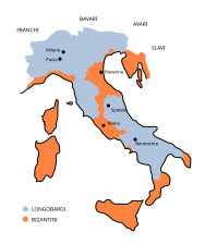 Los territorios lombardos tras las conquistas de Agilulfo (r. 591-616).