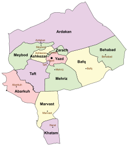 Location of Abarkuh County in Yazd province (left, pink)