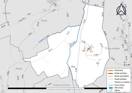 Carte en couleur présentant le réseau hydrographique de la commune