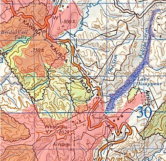 approximate maximum extent of Lake Disappear in blue, extent of Okete Volcanics in pink. The sinkhole is in the southwest corner of the lake. The stream re-emerges due south, near the foot of the map, disappears for another 200 metres, then joins Te Maari Stream and runs into Aotea Harbour. Diagram based on the 1971 one inch (contours in feet) and 1994 GNS 1:50,000 maps - sourced from LINZ.