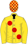 Yellow, large red spots, checked cap