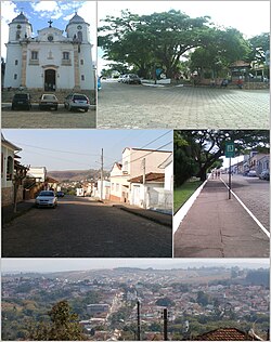 Above left, the Mother Church; above right, Andrelândia's center; middle left, Doutor Antônio Juracy de Oliveira street; middle right, Mother Church Square; below, partial view of the city.