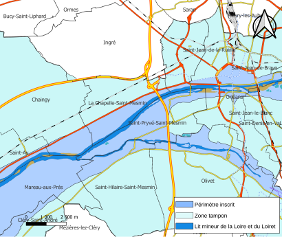 Carte en couleurs du val de Loire et du périmètre inscrit au label patrimoine de l'Unesco.