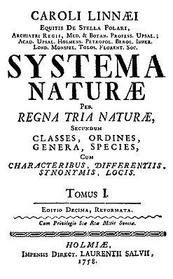 Титульный лист десятого издания Systema Naturae (1758)