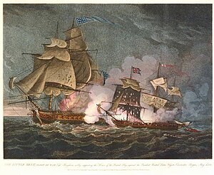 The Little Belt, Sloop of War, Captn. Bingham nobly supporting the Honor of the British Flag, against the President, United States Frigate, Commodore Rogers, May 15th, 1811.: the American frigate USS President fires on and disables the British sloop HMS Little Belt on May 16, 1811. This engraving was published by Edward Orme in London, 1811.