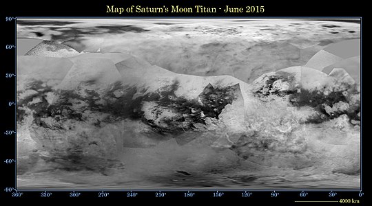 Mapa topogràfic de Tità realitzar a partir de les imatges rebudes de les sondes espacials Cassini-Huygens, 2015[2]