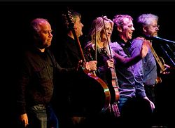 Altan on their North America Tour in 2010: (left to right) Ciarán Curran, Ciarán Tourish, Mairéad Ní Mhaonaigh, Dermot Byrne and Dáithí Sproule