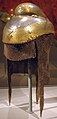 Image 34Sikh warrior helmet with butted mail neckguard, 1820–1840, iron overlaid with gold with mail neckguard of iron and brass (from Sikh Empire)