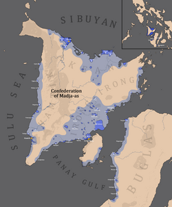 Mapa ng Kumpederasyon ng Madja-as ayon sa 'Maragtas' ni Pedro Monteclaro (1907) pati na rin ang makasaysayang tala mula sa mga munisipyo at probinsya.