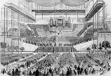 Interior of the Crystal Palace, London, for a music festival in 1857.