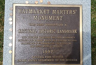 National Historic Landmark plaque, at site of the Haymarket Martyrs' Monument; added in 1997.