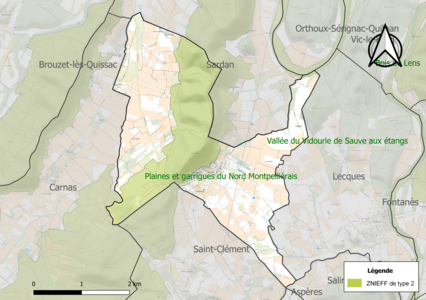 Carte de la ZNIEFF de type 2 sur la commune.