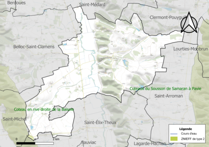 Carte de la ZNIEFF de type 2 sur la commune.