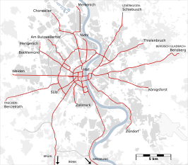 Netwerkkaart van de Stadtbahn van Keulen