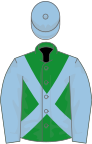 Green, light blue cross-belts, light blue sleeves and cap