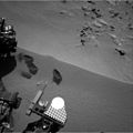 Curiosity rover scoop "bite marks" in the sand patch at the "Rocknest" site (October 15, 2012).