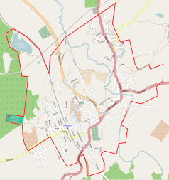 Mapa konturowa Miastka, w centrum znajduje się punkt z opisem „Kościół NMP Wspomożenia Wiernych w Miastku”