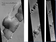 Tractus Catena, as seen by HiRISE. Scale bar is 1,000 m (3,300 ft) long. Click on image for good view of dark slope streaks