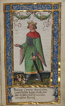 alt=Koning Koenraad IV (ca. 1510), miniatuur uit Weingartener Stifterbüchlein, Württembergische Landesbibliothek (Stuttgart)