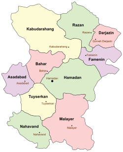 Location of Kabudarahang County in Hamadan province (top, yellow)