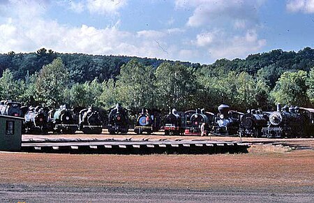 a photograph of locomotives at the turntable at Steamtown, U.S.A., Bellows Falls, Vermont