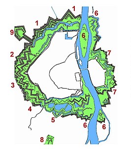 De buitenwerken van Maastricht: de Nieuwe Bossche Fronten (1) bevinden zich tussen de Linie van Du Moulin (2), Fort Willem I (9) en de Maasfortificaties (6)