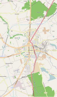 Mapa konturowa Suwałk, w centrum znajduje się punkt z opisem „Konkatedra św. Aleksandraw Suwałkach”