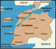 Mapa dos distritos da província de Çanakkale