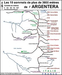 Schéma du chaînon de l'Argentera, sur la partie italienne du massif. Ce chaînon comporte une large part des sommets dépassant 3 000 m.