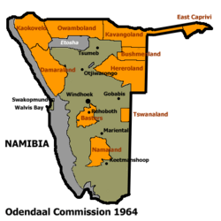 Allocation of land to bantustans according to the Odendaal Plan. Kaokoland is in the north-west.