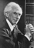 Black-and-white photographic portrait of Bertrand Russell