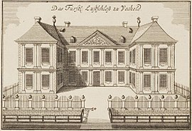 Schloss Vechelde, Verwaltungssitz des Amtes Vechelde. (Kupferstich von Anton August Beck, um 1760)