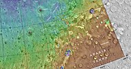 MOLA map showing Arandas crater and other nearby craters. Color indicates elevation.