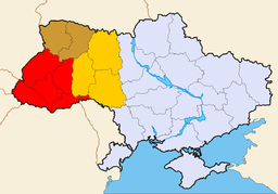 Flere oblasts kan i dag betegnes som "Vestukraine":      Rød – altid medregnet     Brun – ofte medregnet     Orange – nogle gange medregnet